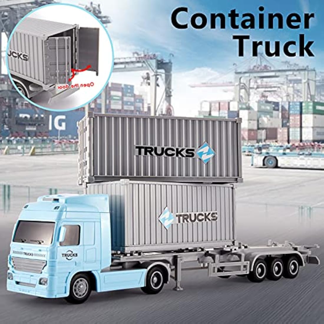 HERSITY Container Transporter Truck Toy 1:50 Scale, Friction Lorry Cars with Lights and Sounds Gifts for 3 4 5 6 Years Old Children Boys Girls