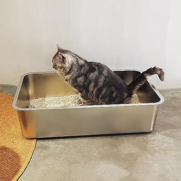 Stainless Steel Cat Litter Box, Large Metal Litter Tray for Cats Rabbits, Never Absorb Odors, Stain Free, Rustproof, Non Stick Smooth Surface, Anti-Slip Rubber Bottom, Easy to Clean, 23.5"Lx15.5"Wx6"H