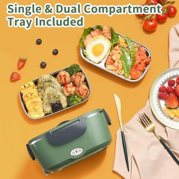 Electric Heated Lunch Box 100W - 3-in-1 Fast Heating Lunch Boxes Portable for Adults, 12V/24V/220V with 2 Pack Containers (Single & Compartment) for Car Truck Office (3 Times Faster), GreenGrey