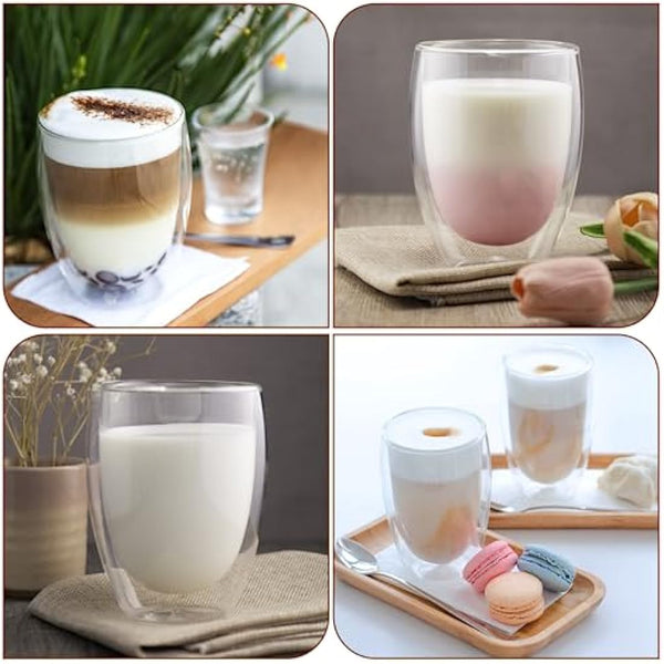 6x350ml Double Walled Glass Coffee Mugs with Spoon, Heat Resistant, Clear Double Glass Coffee Cups for Cappuccino Latte Tea Juice Milk Ice Cream