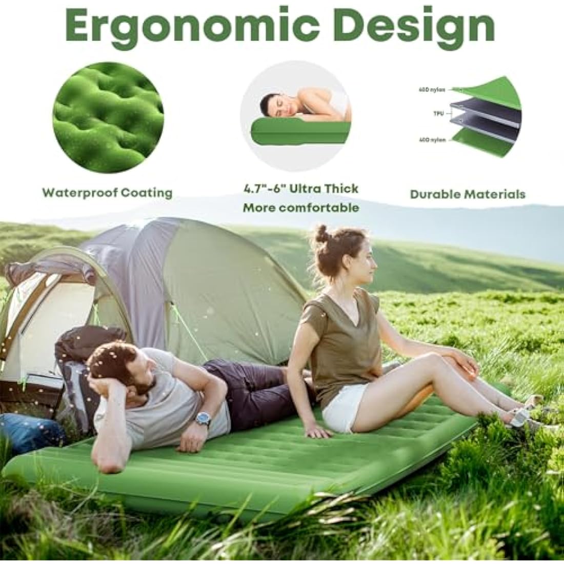 MAMBAKOTR Camping Air Bed 12-15CM Extra Thick, Reinforced Support Structure with Built-in Foot Pump and Pillow Portable Camping Sleeping Mat Air Mattress for Tent Backpacking Hiking Travel