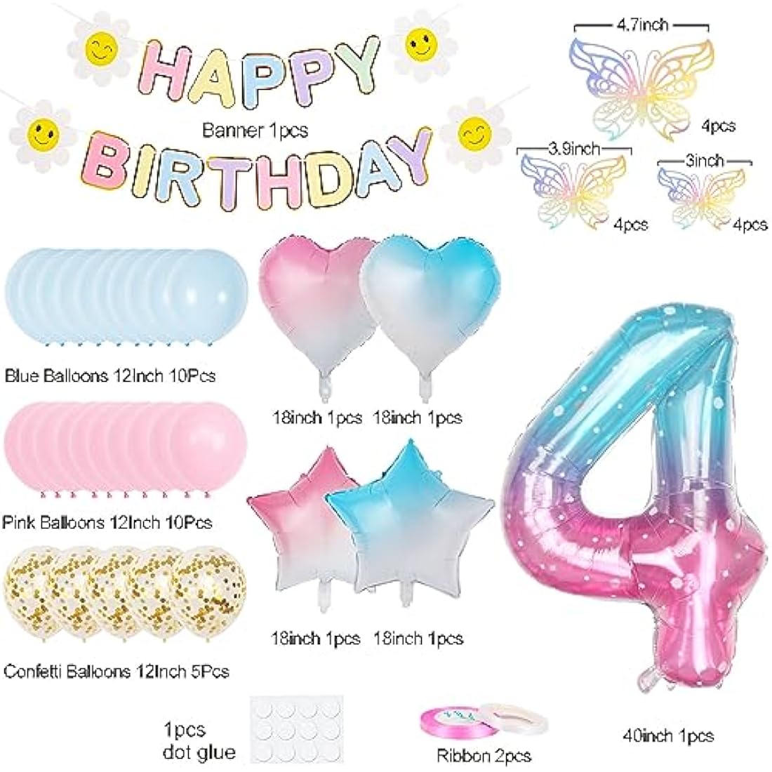 4th Birthday Decorations for Girls, Gradient Color 40 Inch Age 4 Foil Balloons with Happy Birthday Banner and Butterfly Stickers, for Baby Shower, Girls Boys Party Decorations