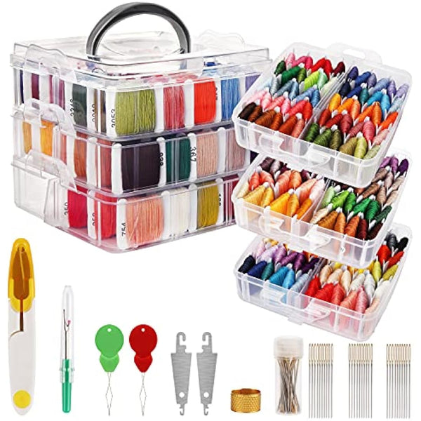 HANDI STITCH Embroidery Floss Set - (187 Pack) - Cross Stitch Tool Kit with 3 Tier Transparent Storage Box - 150 Colour Skeins - Threads on Paper Bobbins for Friendship Bracelets & Crafts