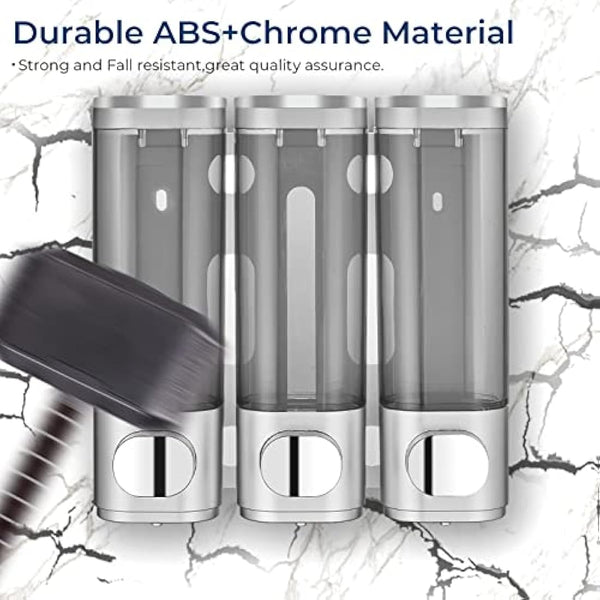 modunful Shampoo and Conditioner Dispenser, Shower Dispenser 3 Chamber No Drill Shampoo Dispenser for Shower Wall Mounted Conditioner Body Wash Liquid Soap for Bathroom,Large Capacity,Silver