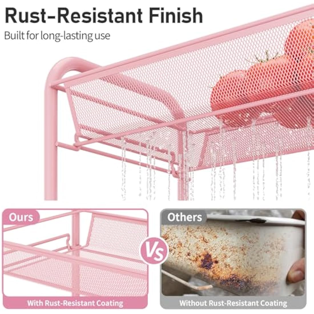 APEXCHASER 3-Tier Rolling Cart,Easy Assemble Mobile Storage Trolley On Wheels,Slide Out Utility Cart Shelving Units Kitchen Bathroom Laundry Room,Pink