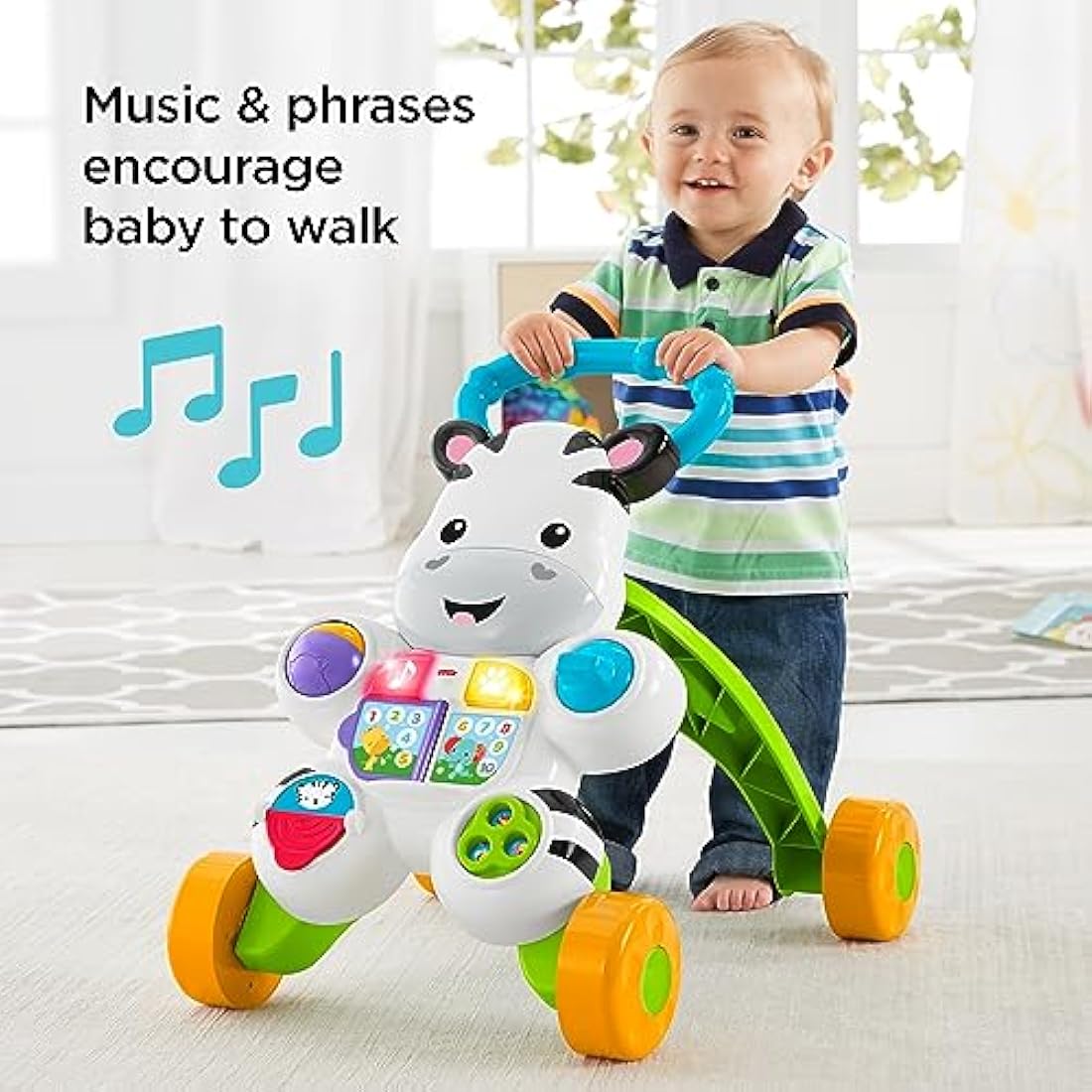 Fisher-Price Learn with Me Zebra Walker | First Steps Baby Walker Push Along Toy with Lights, Music, Baby Girl and Baby Boy Toys | Hands-On Toddler Baby Push Along Walker | UK English Version, GXC31