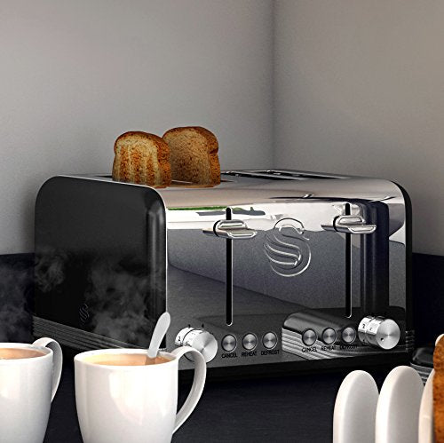 Swan ST19020GRN Retro 4-Slice Toaster with Defost/Reheat/Cancel Functions, Cord Storage, 1600W, Retro Grey