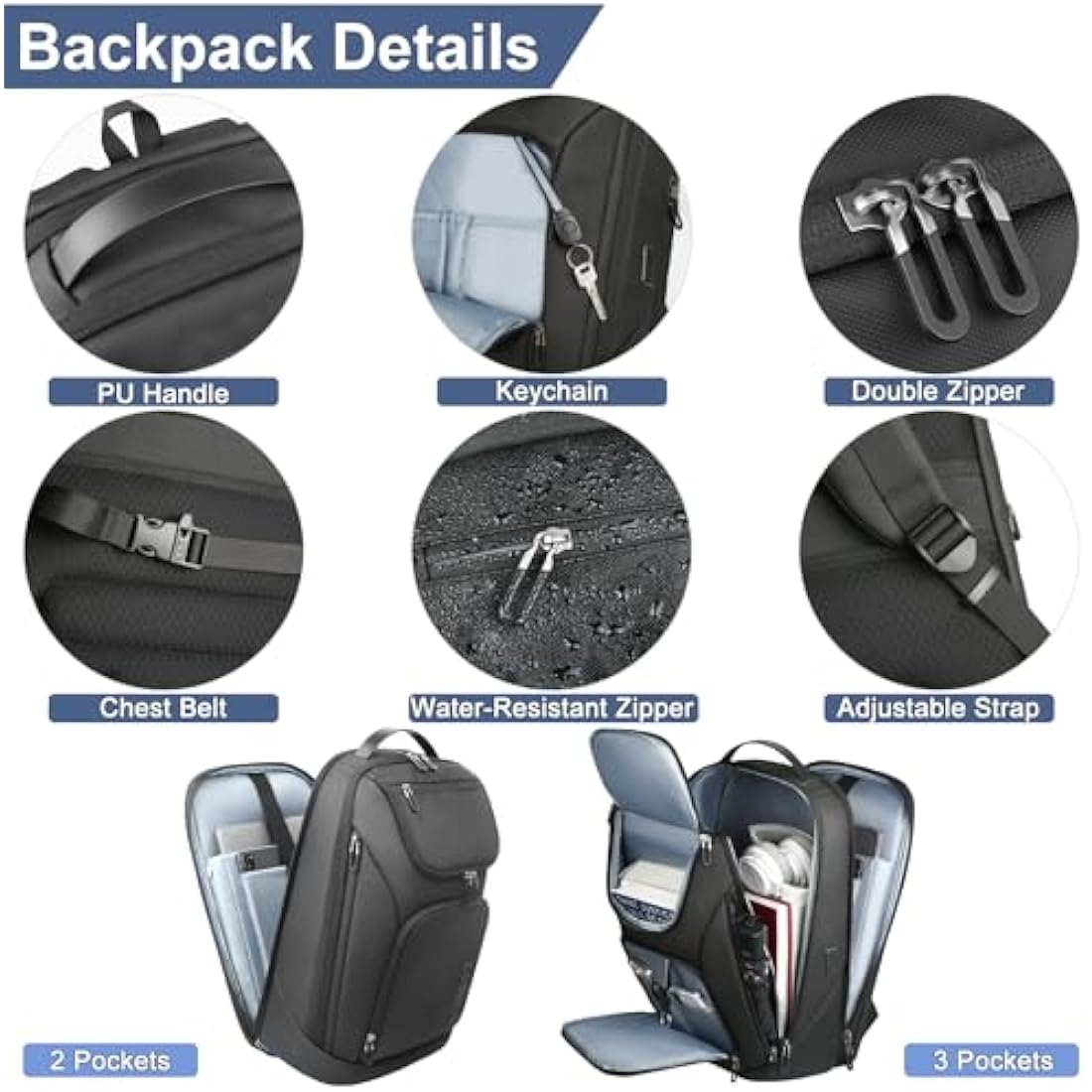 HEROIC KNIGHT Travel Laptop Backpack, 17.3 Inch Business Laptop Rucksack Bag With USB Charging Port, Water Resistant Carry on Backpack, Anti-Theft Computer Work Bag for Men Women-Black