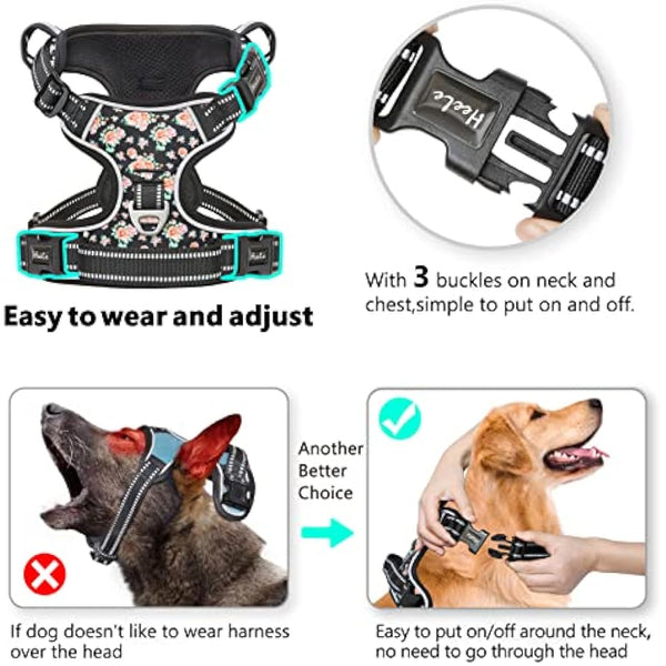 HEELE Dog Harness, No Pull Dog Harness Small, Release on Neck, Front Back Clips Dog Vest Harness Reflective Adjustable Padded Breathable, Easy Control Handle for Walking Training, Floral-Black, XS