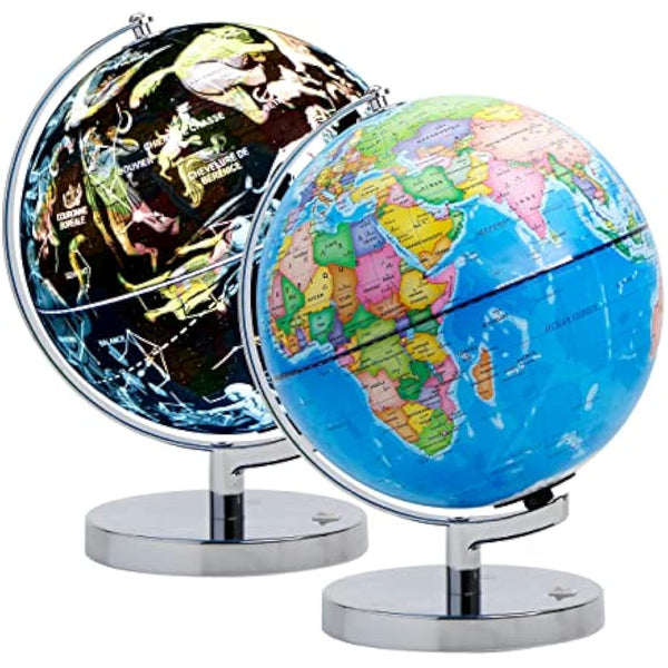 EXERZ 23 cm Illuminated Globe Metal Base – French Map – Student Globe with Cable Free LED Lighting – Political Map (Time of Day) – Constellation Stars (Night) – Fun and