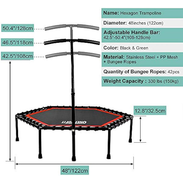 ONETWOFIT 45"/48"/51" Silent Mini Fitness Trampoline with Adjustable Handle Bar Fitness Trampoline Bungee Rebounder Jumping Cardio Trainer Workout for Adults or Kids