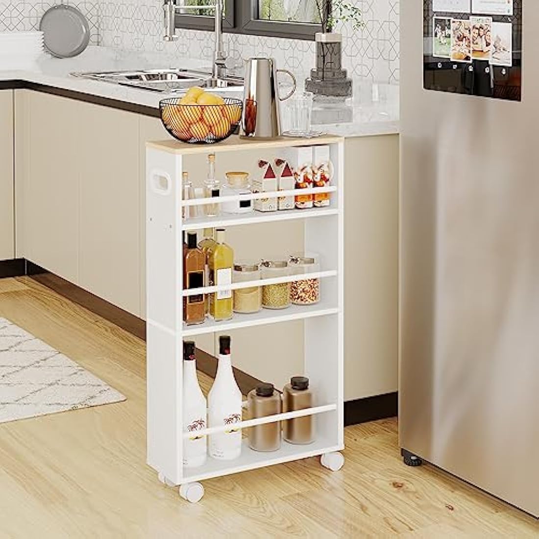 HOOBRO Slim Storage Trolley, Narrow Kitchen Cart, Slide Out Kitchen Trolley on Wheels, 4-Tier Rolling Utility Cart with Handle, for Small Space, Bathroom, Living Room, White and Natural EWN15TC01
