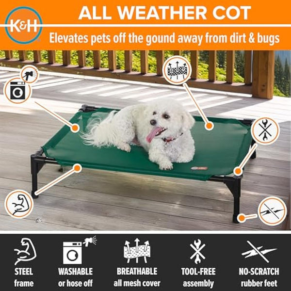K&H Pet Products Elevated Outdoor Dog Cot, Raised Cooling Bed With Washable Breathable Mesh for Medium Dogs, Portable Platform, Heavy Duty Metal Frame Hammock, Medium, Green