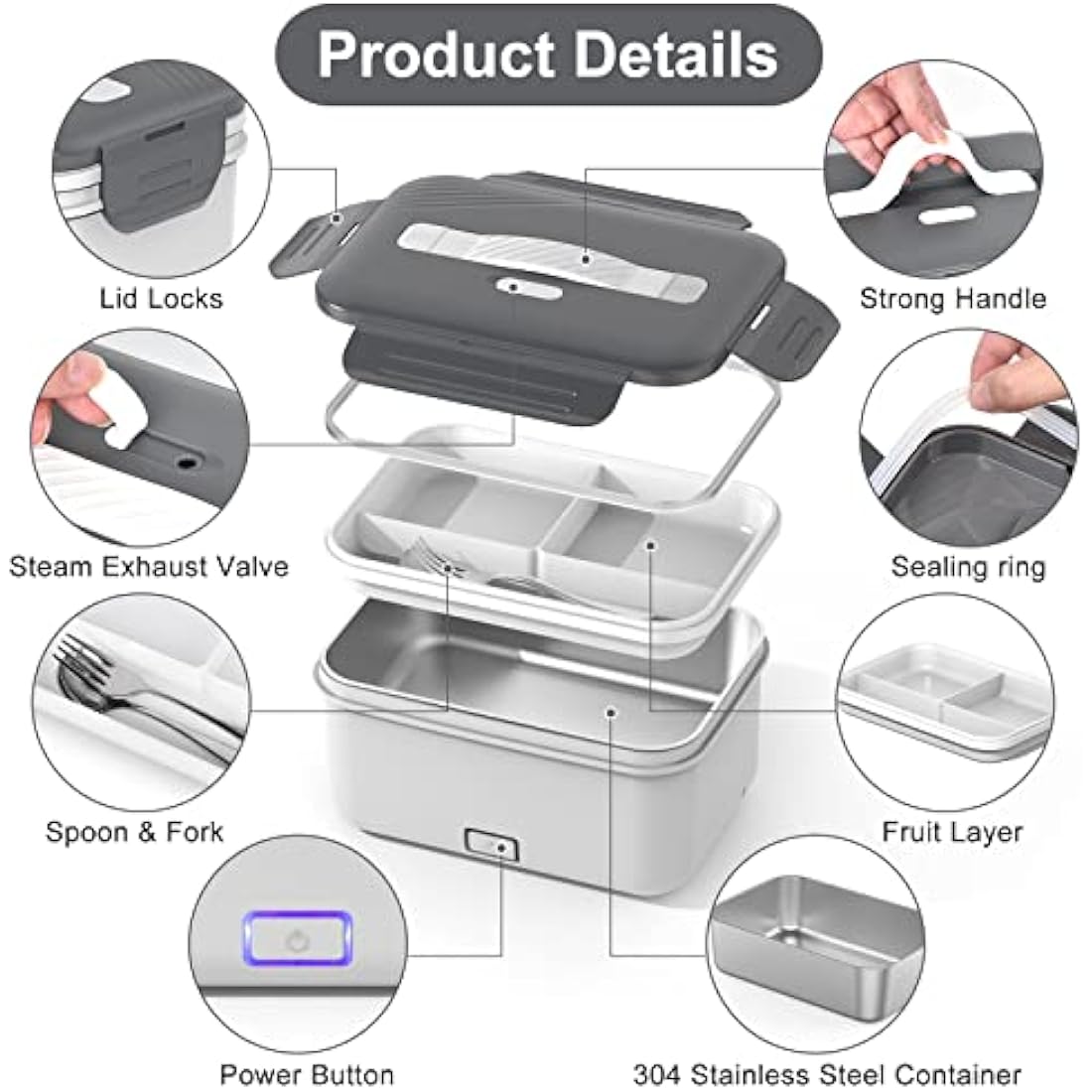 Herrfilk 100W Electric Lunch Box Adults, 1.8L Thermal Lunch Box with Compartments for Fruits, Heated Lunchbox with 230V Home/Office & 12V 24V Car/Truck Cables, Insulated Lunch Bag, Spoon and Fork