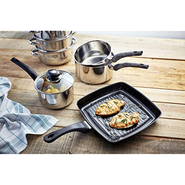 Judge Essentials Stainless Steel Set of Pans, 3-Piece Set, 16cm, 18cm & 20cm Saucepans, Vented Glass Lids, Induction Ready