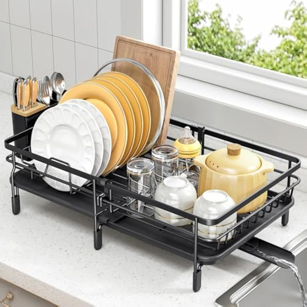 KINGRACK Expandable Dish Drainer Rack,Adjustable Dish Rack,Foldable Dish Drying Rack with Removable Cutlery Holder Swivel Drainage Spout,Anti-Rust Plate Rack for Kitchen 1 Piece