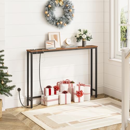 HOOBRO Slim Console Table with Charging Station, Hallway Table with USB Ports and Power Outlets, 100 cm Long, Narrow Sofa/Behind Couch Table for