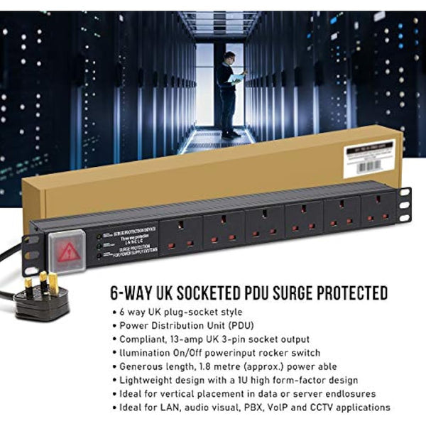Dynamode 6 Way PDU Extension Lead- 13A Multi Plug Switched Power Distribution Unit (PDU) Rack Mount Charging Station with 1.8 M Cable for Home Office 19 Inch PDU Server Cabinet with Surge Protection