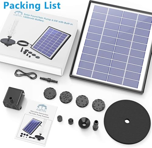 6.5W Solar Water Fountain, Built-in 1500 mAh Battery, Upgraded Solar Pond Pump, Water Pump, Solar Floating Fountain Pump with 6 Fountain Styles for Garden, Bird Bath, Pond and Fish Container