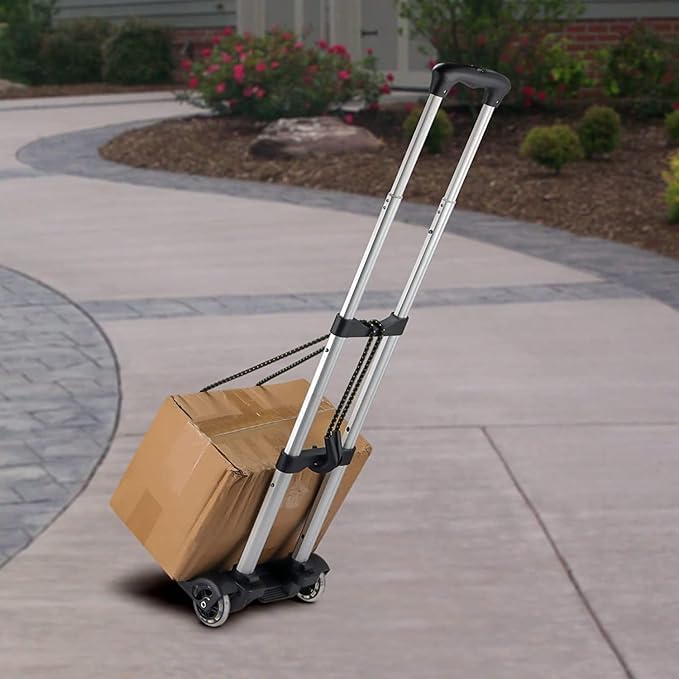 XINGHE Sack barrow, aluminium hand truck, 50 kg/110 lb load capacity, integrated tensioning straps, with retractable handle, large smooth-running wheels with soft tread (Black4)