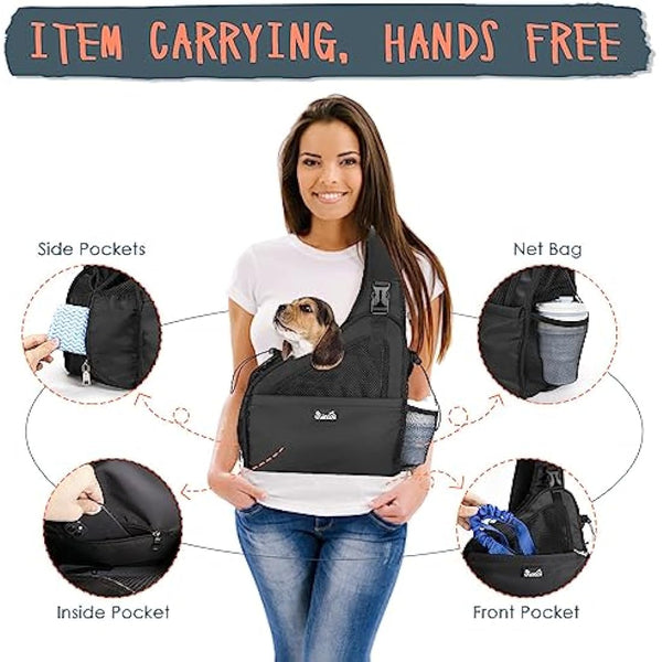 Eyein Pet Puppy Sling Carrier, Up to 6 lbs Hand Free Cat Dog Papoose, Hard Bottom Support Small Animal Travel Tote Bags with Breathable Mesh Adjustable Padded Strap Safety Belt Machine Washable