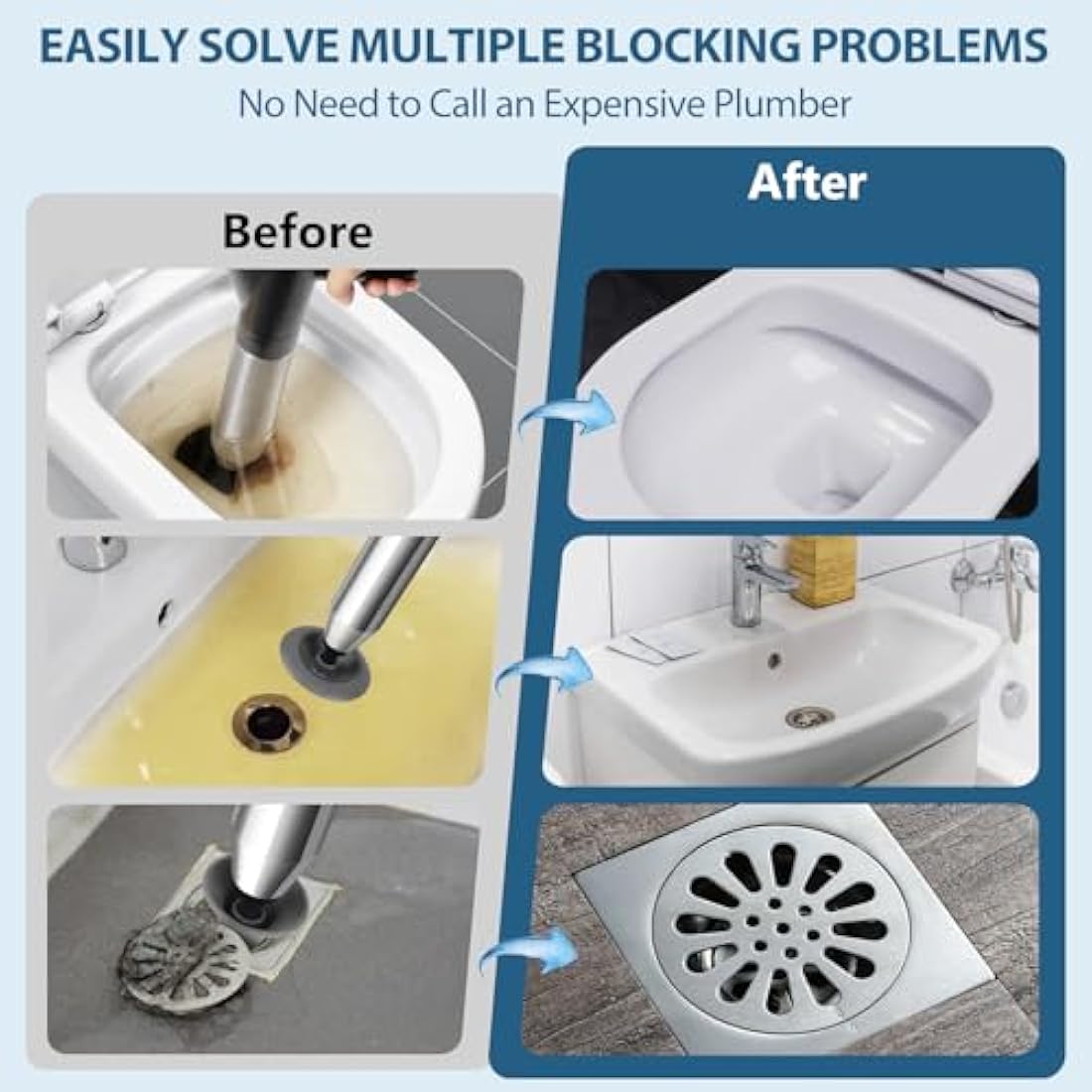 inShareplus Toilet Plunger, Black Toilet Unblocker Heavy Duty, High Pressure Plunger Kit with 4 Replaceable Heads and 1 Gloves Plunger Sink Unblocker for Unblocking Toilets, Sink, Bathtub, Floor