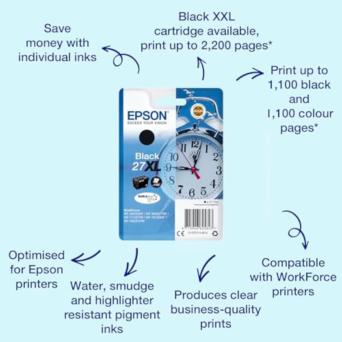 Epson 27XL Black Alarm Clock High Yield Genuine, DuraBrite Ultra Ink Cartridge
