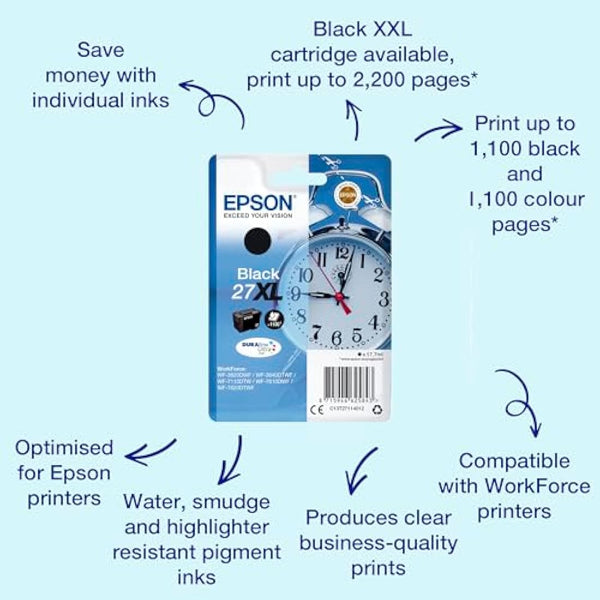 Epson 27XL Black Alarm Clock High Yield Genuine, DuraBrite Ultra Ink Cartridge