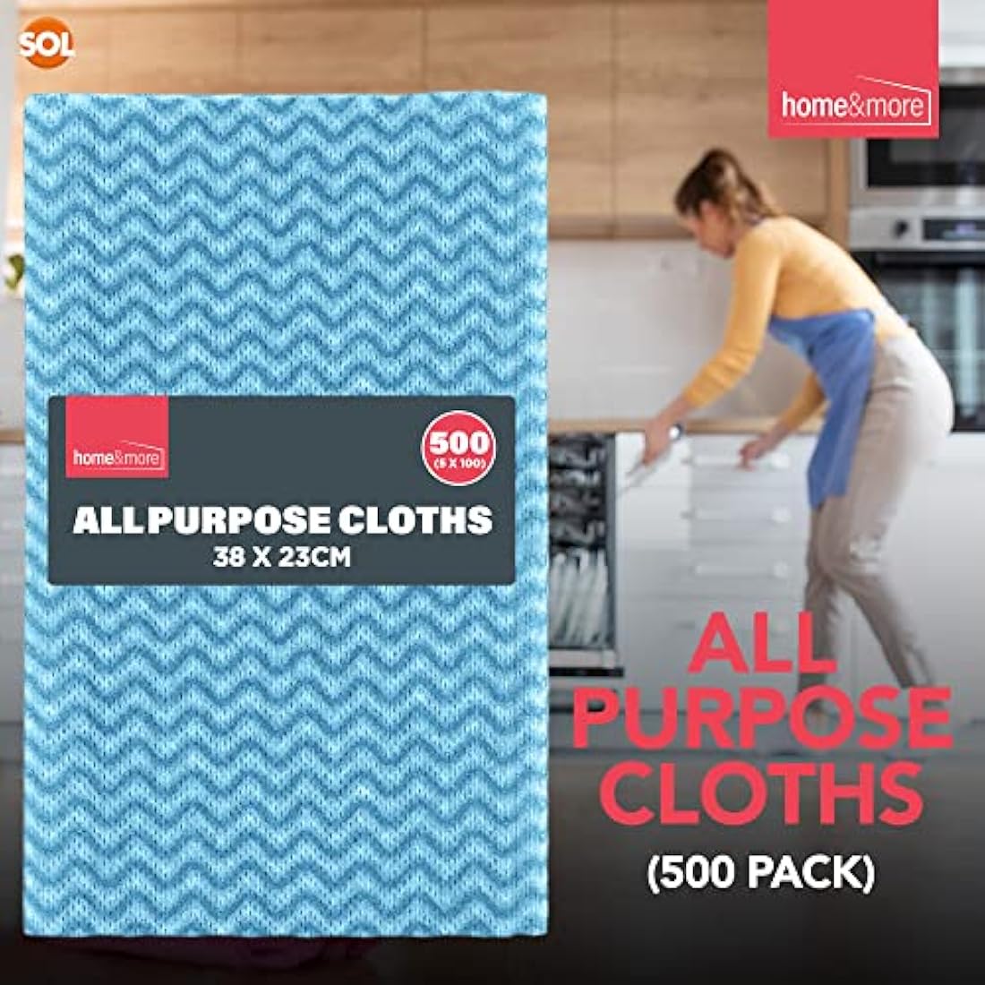 SOL 500pk All Purpose Cloths, 38x23cm Disposable Cleaning J Cloths Blue, Soft, Absorbent, Gentle & Reusable for Household and Professional Cleaning, Ideal for Polishing, Dusting, Washing Dishes