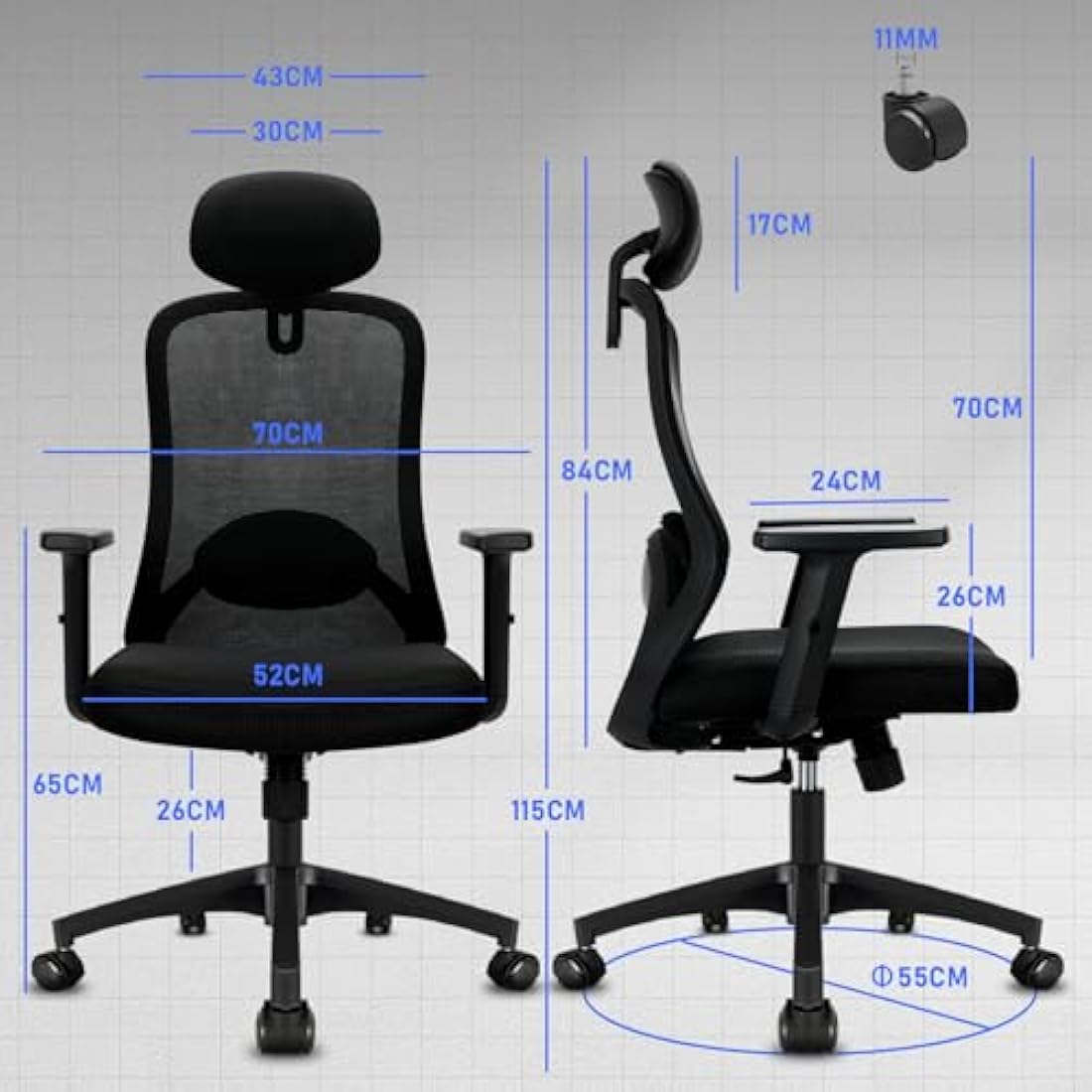 Durrafy Ergonomic Office Chair, High Back Desk Chair With Adjustable Armrests and Lumbar Support, 90°-130° Tilt Function (Lockable), Mesh Computer Chairs for Home/Office, Black