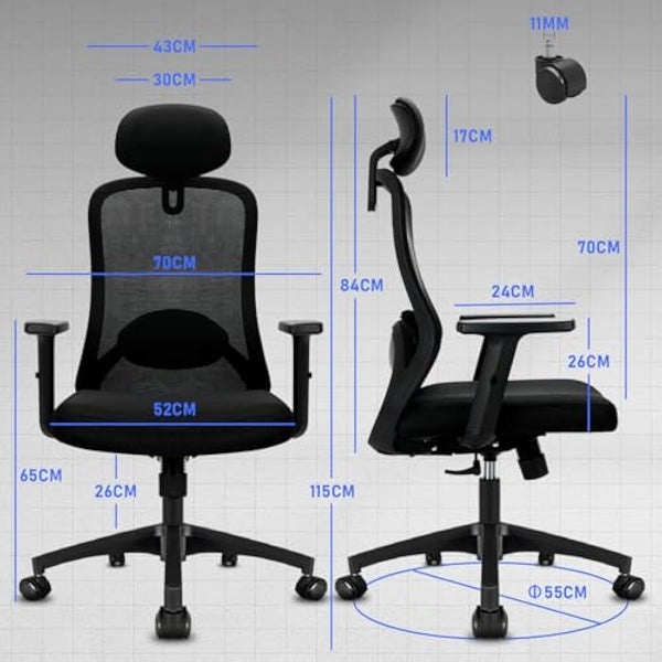 Durrafy Ergonomic Office Chair, High Back Desk Chair With Adjustable Armrests and Lumbar Support, 90°-130° Tilt Function (Lockable), Mesh Computer Chairs for Home/Office, Black