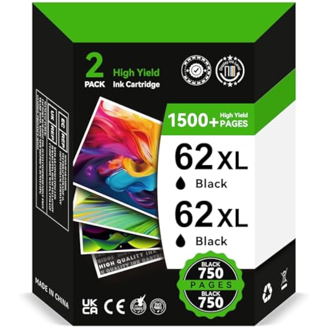 INKYEAH 62XL High Yield Ink Cartridges Black- 2X 750 Pages, Replacement for HP 62 Black Ink Cartridges Original, Printer Ink 62 XL for OfficeJet 200 250 5742 5740 Envy 7640 5540 5640 5646
