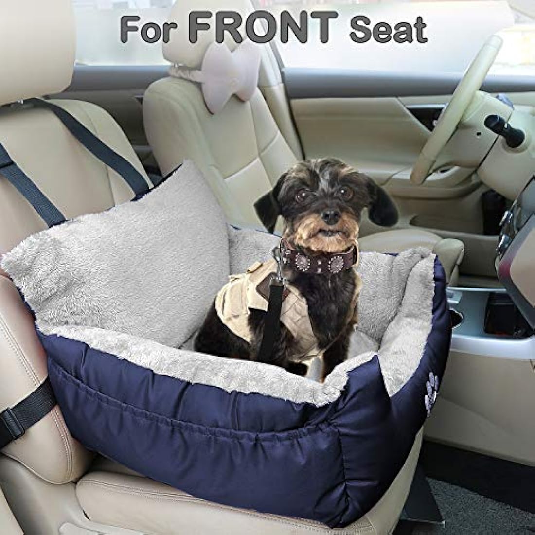 GoFirst Dog or Cat Booster Seat - Travel Car Bed with Storage Pocket, Clip-On Safety Leash, Waterproof Warm Plush, Navy Blue