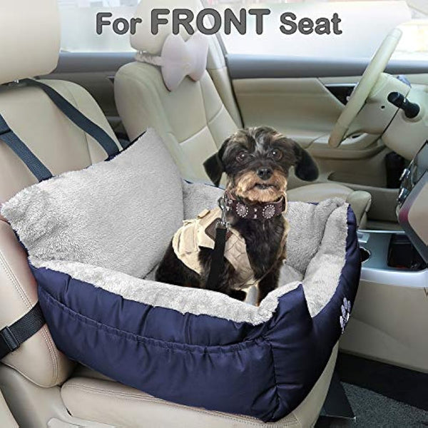 GoFirst Dog or Cat Booster Seat - Travel Car Bed with Storage Pocket, Clip-On Safety Leash, Waterproof Warm Plush, Navy Blue
