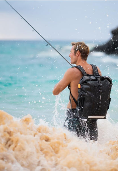 Spigen Waterproof Backpack IPX6 35L Roll Top Travel Rucksack Fits up to 16 Inch Laptop, Multi-Compartment Bag Ventilated Back, Chest Strap Hiking, Camping, Swimming, Canoeing, Fishing – Black