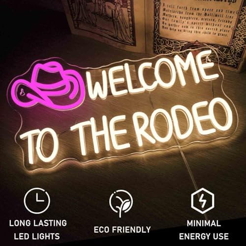Ineonlife Welcome To The Rodeo Neon Sign, Western Cowboy Hat Neon Light for Wall Decor, Pink Warm White Neon Lights, Dimmable Led USB Light Up Signs for Living Room Man Cave Bar Recreation Room Decor