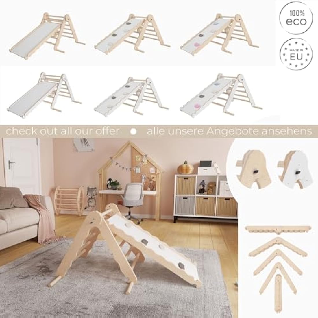 MAMOI® Indoor climbing triangle with slide for kids, Baby climbing frame, Wooden toddler gym for children outside and outdoor, Frames and slides, toys for toddlers