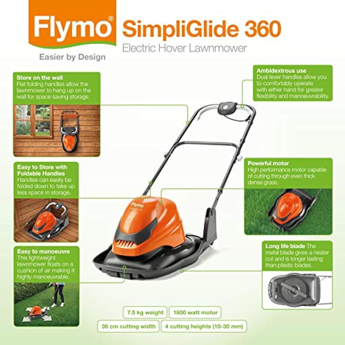 Flymo SimpliGlide 360 Hover Lawn Mower - 1800W Motor, 36cm Cutting Width, Folds Flat, 10m Cable Length, Orange and Grey