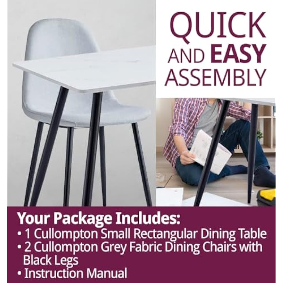 Hallowood Furniture Cullompton Small Dining Table and Chairs Set 2, (0.8m) White Marble Effect Top Kitchen Table and Chairs in Grey Fabric Upholstery and Metal Legs, Dining Room Sets for Home & Café