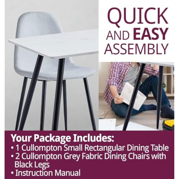 Hallowood Furniture Cullompton Small Dining Table and Chairs Set 2, (0.8m) White Marble Effect Top Kitchen Table and Chairs in Grey Fabric Upholstery and Metal Legs, Dining Room Sets for Home & Café