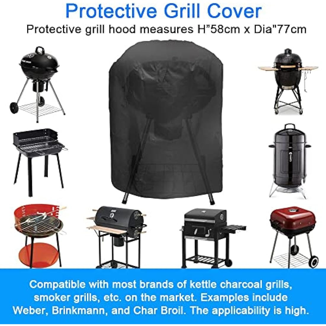 JTDEAL Kettle BBQ Cover Round Barbecue Cover Waterproof Heavy Duty BBQ Cover Windproof Grill Cover Outdoor BBQ Grill Cover with Drawstring and Storage Bag for Weber, Brinkmann,Char Broil (58x77cm)