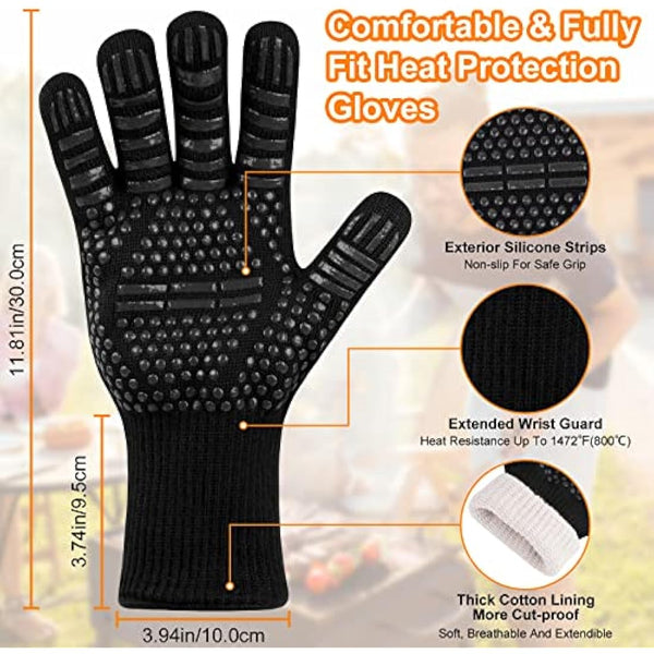 Flintronic Grill Gloves Heat Resistant Fire Resistant Oven Gloves Hand Protection Grill Gloves, 1472°F/800°C Heat Resistant Oven Gloves for Grill, Oven, Cooking, Soldering (Black)