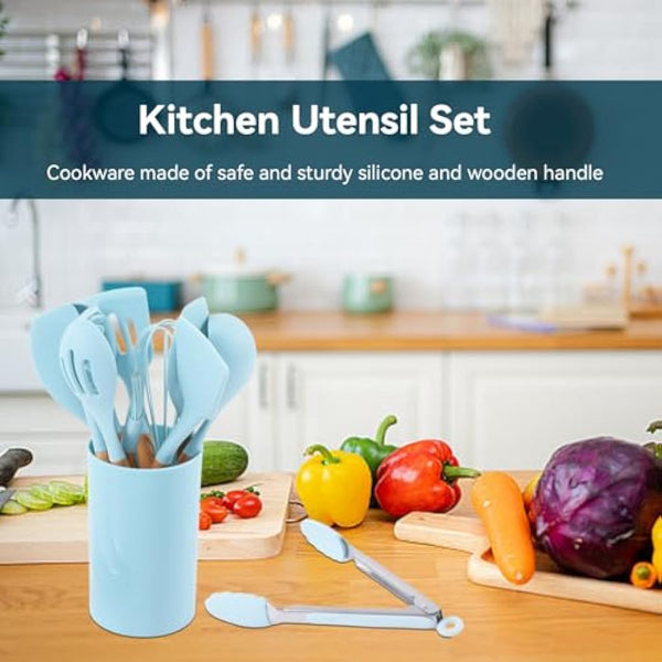 12Pcs Kitchen Utensil Set Silicone Cooking Utensils,Cooking Spatula Turner Heat Resistant Nonstick Cookware with Wooden Handle,Silicone Cooking Utensils Kitchen Utensils Kitchen Tool Gadgets