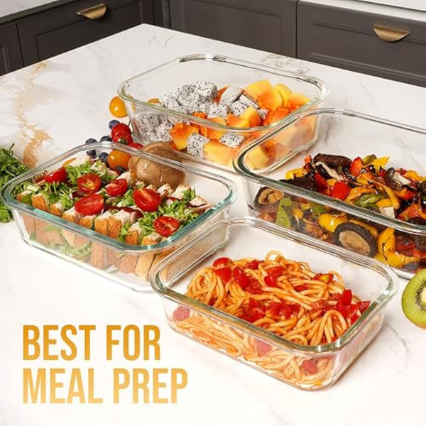 Magnificent 4-Pack Large glass food storage containers with Lids | 2500ml | 2260ml | 1520ml | 1050ml | Glass meal prep containers | Microwave, Oven, Freezer and Dishwasher Safe