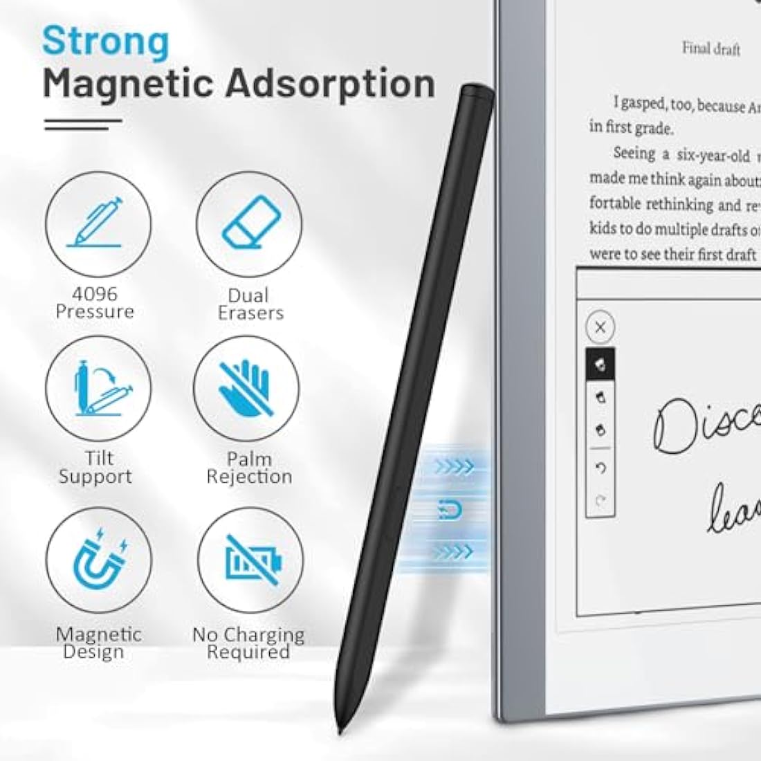 TiMOVO Magnetic EMR Stylus Compatible with Remarkable 2 with Eraser, Digital Pen for Remarkable with 4096 Pressure Sensitivity, Palm Rejection, Tilt for Remarkable Marker Plus/Kindle Scribe, Black