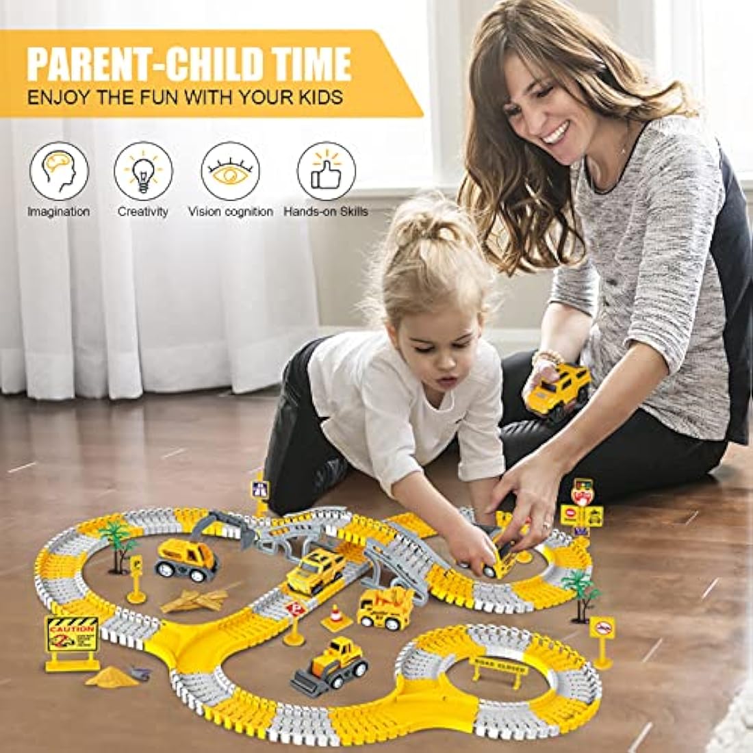 260 PCS Construction Race Tracks for Kids Toys, 2 Electric Cars, 4 Construction Cars, 1 Map & Flexible DIY Track Set, Engineering Presents for 3 4 5 6 Year Old Boys Girls