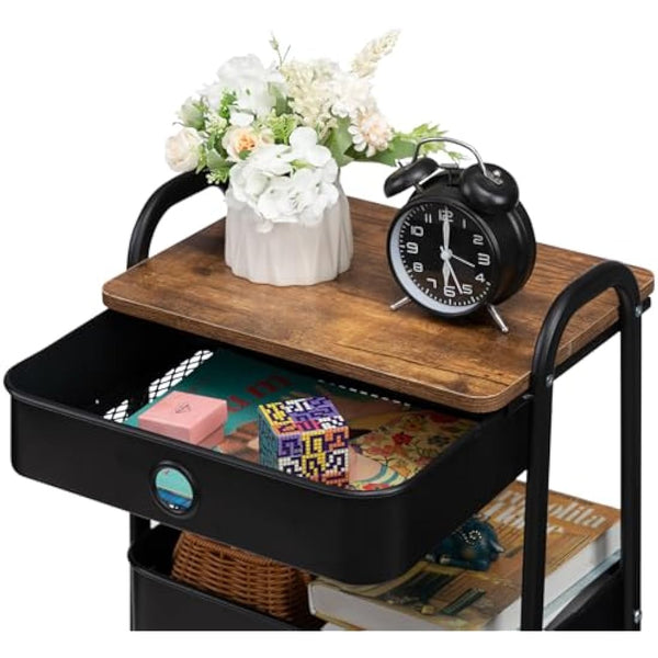 DOEWORKS Metal Storage Cart with Drawer, 3-Tier Trolley Cart on Wheels, Rolling Storage Trolley for Room, Bathroom, Office, Black
