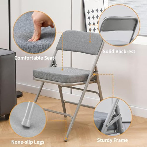 KAIHAOWIN Padded Folding Chairs Upholstered Single Foldable Chair with Ultra Thick Padded Seat Comfortable Metal Chairs Indoor with Comfortable Fabric Cushion for Indoor-Grey