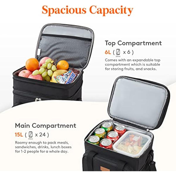 Lifewit 21L 30Can Lunch Box for Men Women Double Deck Lunch Bag, Large Insulated Soft Cooler Bag, Leakproof Soft Meal Prep Lunch Tote with Shoulder Strap for Adults for Work/Picnic/School, Black