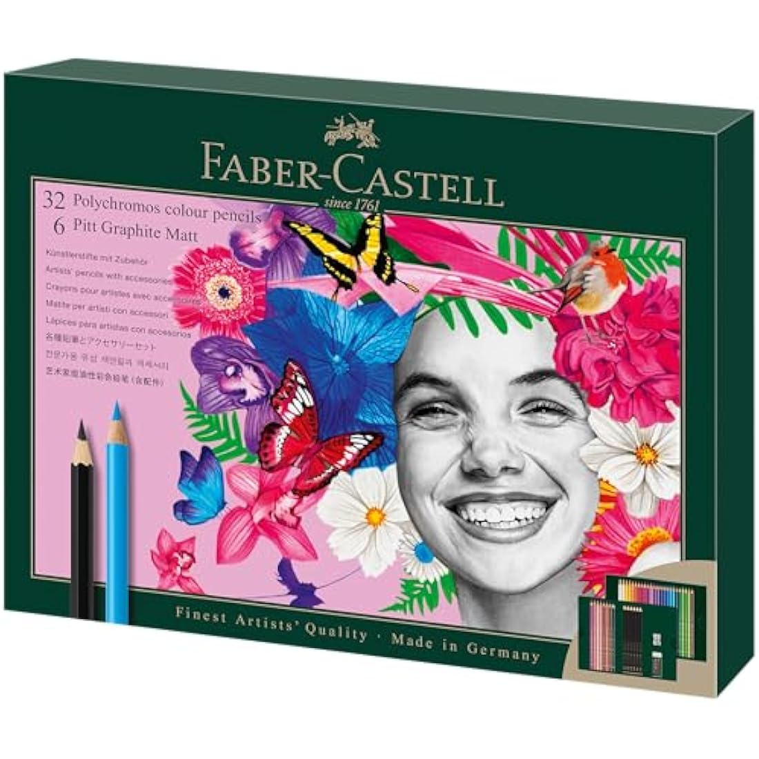 Faber-Castell 210053 Drawing Set 40 Pieces with Polychromos Colouring Pencils and Pencils Pitt Graphite Matt, Includes Sharpener and Eraser